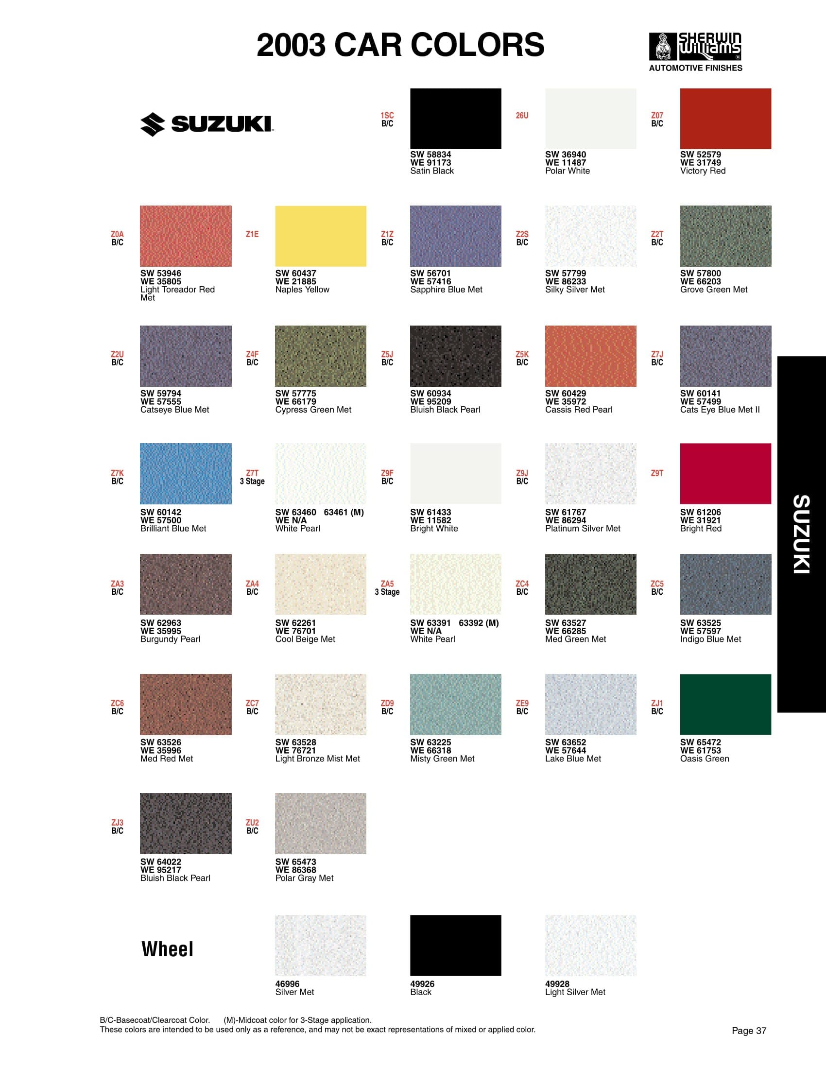 Paint Codes and Color Examples used on the 2003 Vehicle