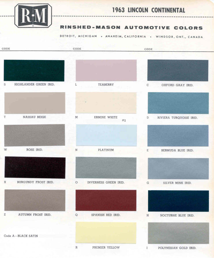 Colors and their codes used on the 1963 Lincon Continental Vehicles.