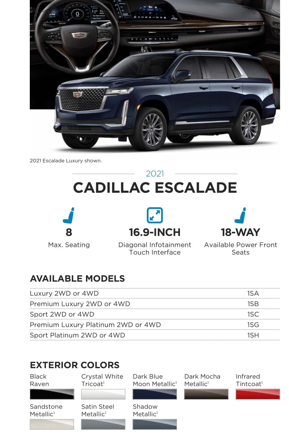 Exterior Colors used on this model Cadillac in 2021