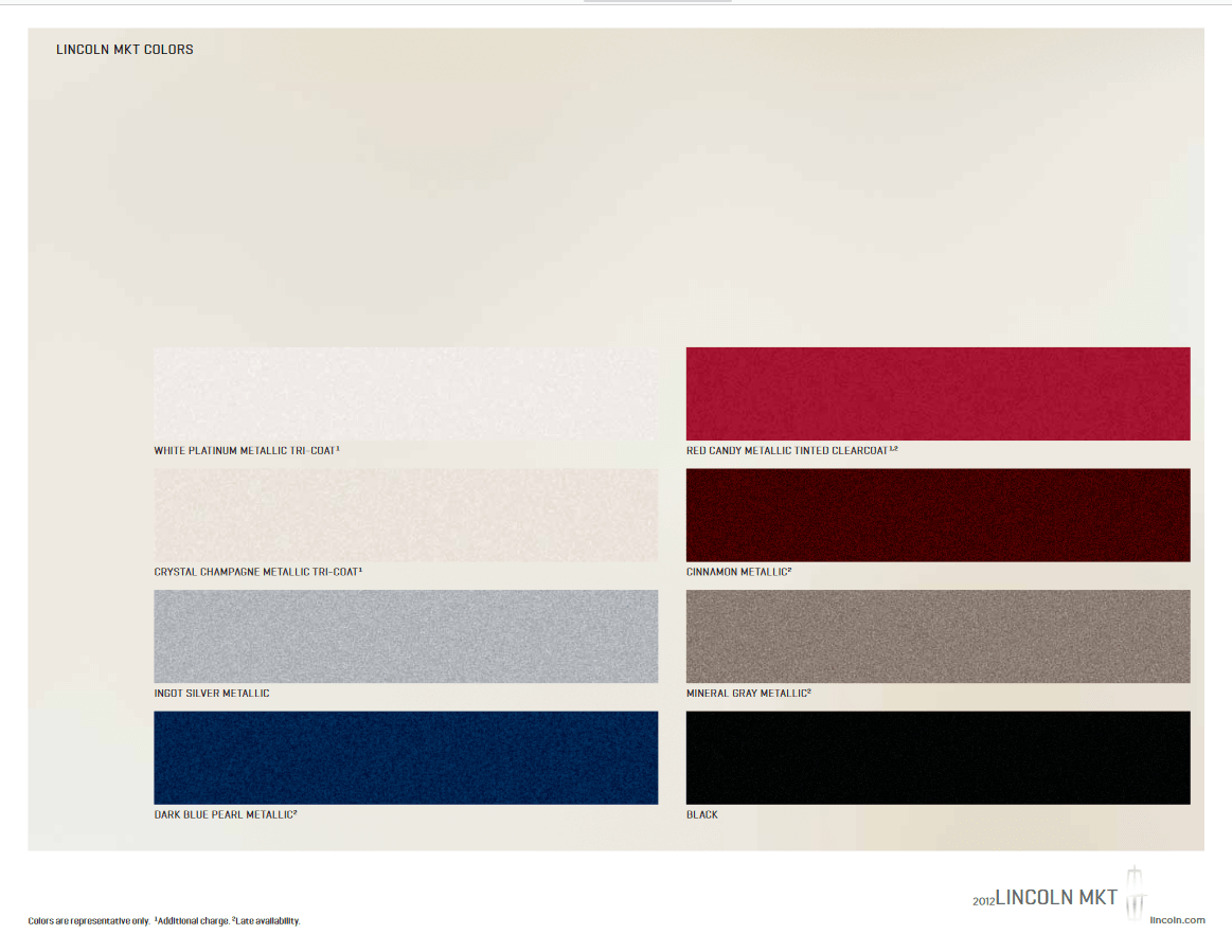 2012 Lincoln Mkt
Paint Colors used on Lincoln Vehicles in 2012