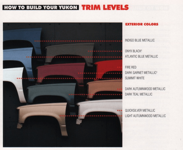 This paint chart shows the exact colors used on this GMC Yukon used for this year.