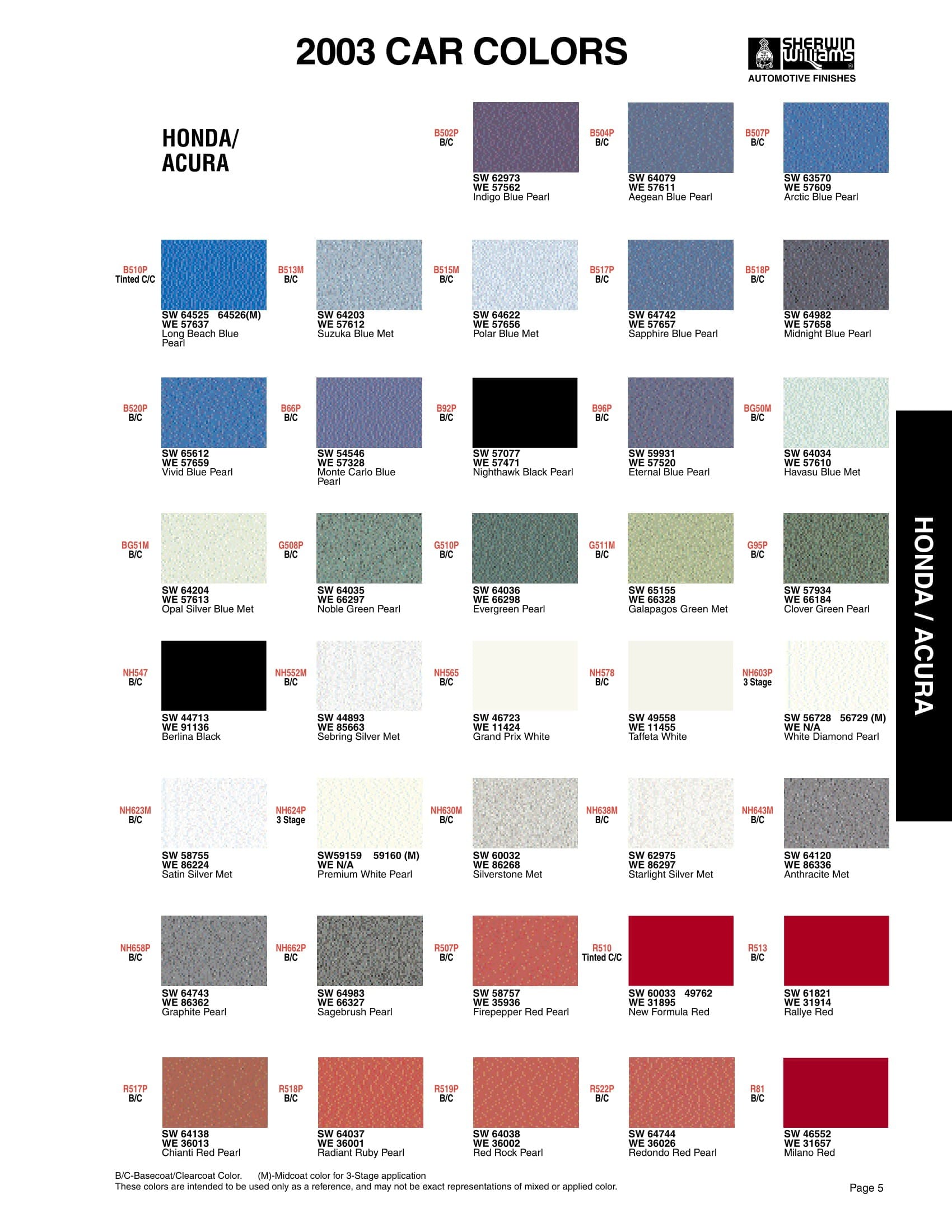 Paint Codes and Color Examples used on the 2003 Vehicle