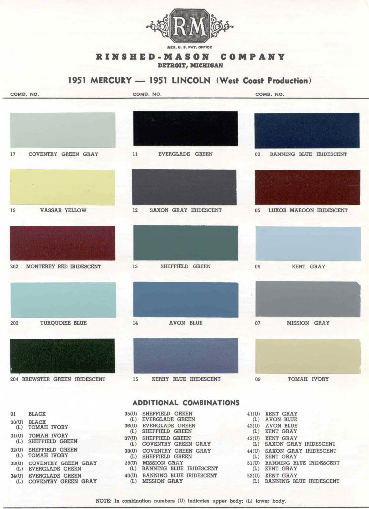 Colors and their codes used on Lincoln and Mercury in 1951