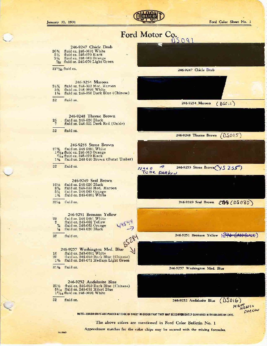 Colors Used on Ford Vehicles in 1930.