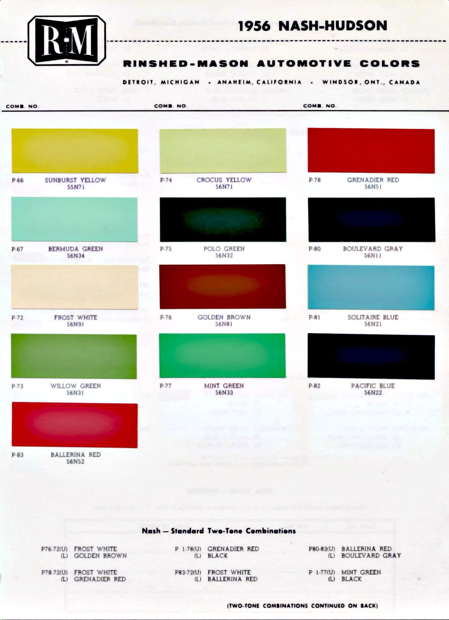 Color codes used on Hudson and Nash Vehicles in 1956