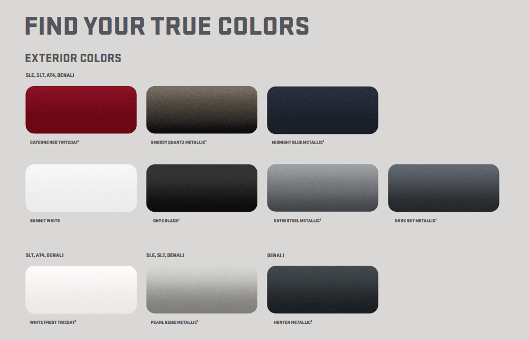 This paint chart shows the exact colors used on this GMC Yukon used for this year.