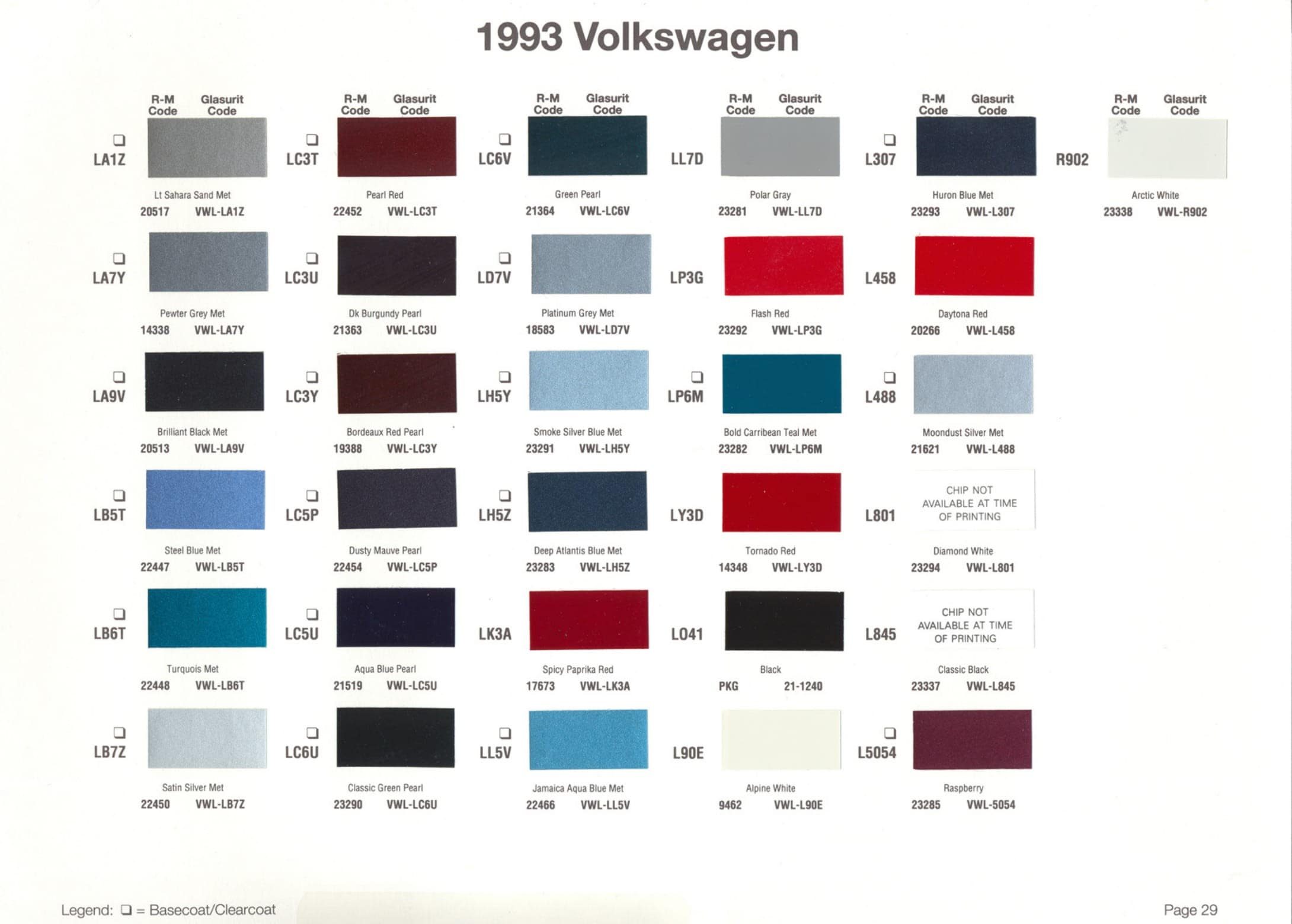 Color Codes and examples used on the 1993 Volkswagen vehicles