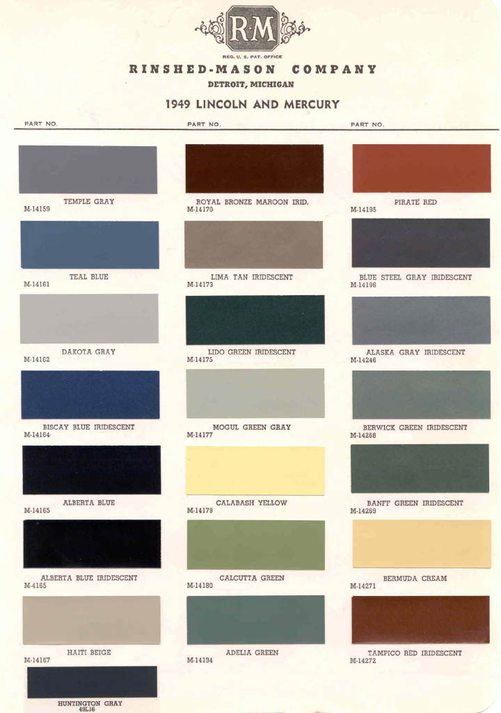 Colors and their codes used on 1949 Lincoln and Mercury Vehicles.