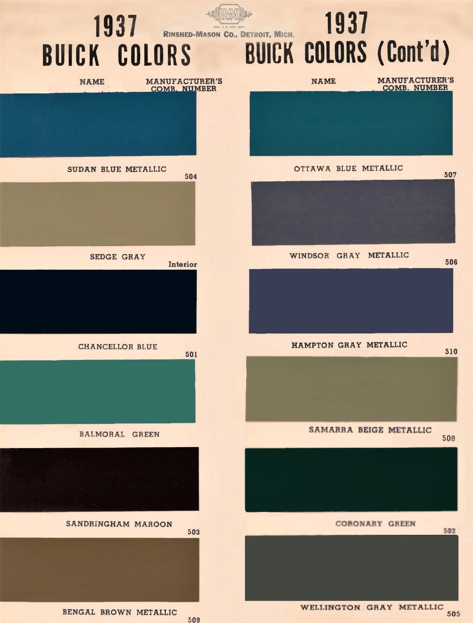 Paint Codes used on Buick in 1937.