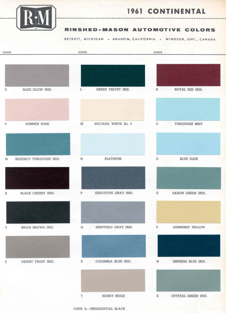 1961 Vehicles colors for Lincoln.  Color Codes are letters.