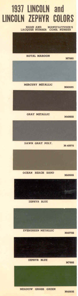 Colors used on Lincoln and Zephyr vehicles in 1937