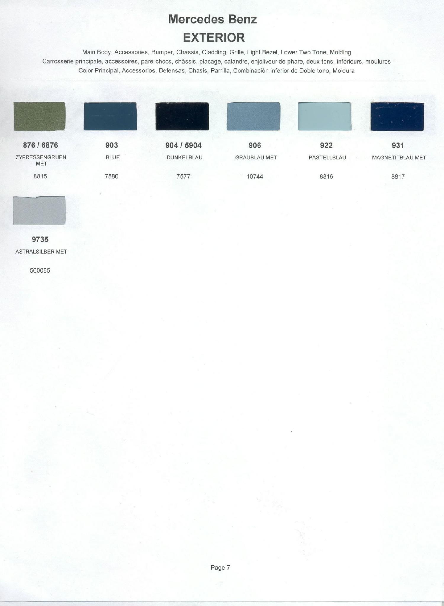 Colors used on the exterior of a 1977 Mercedes Benz Vehicle