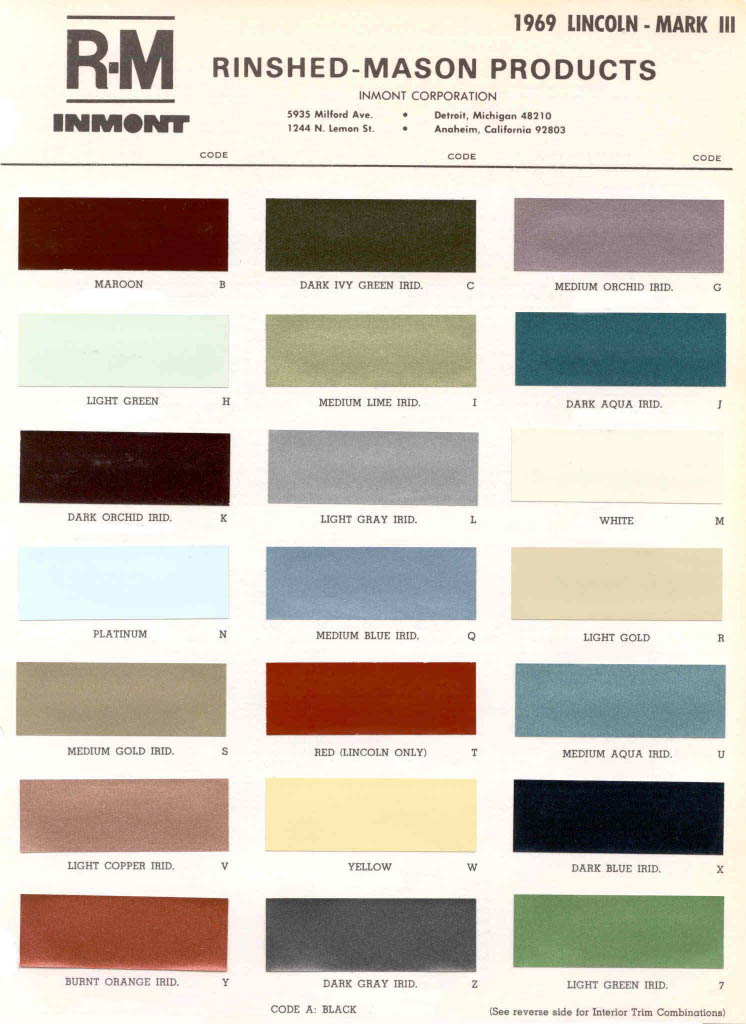 1969 Lincoln Paint Charts and Color Codes