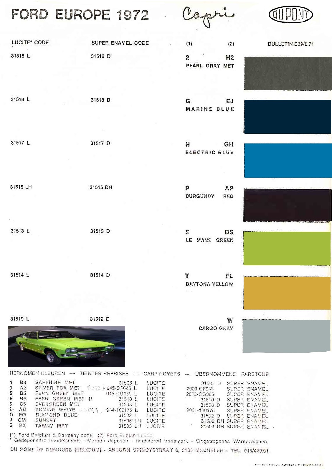 Colors used on the 1972 Ford Europe Capri vehicles