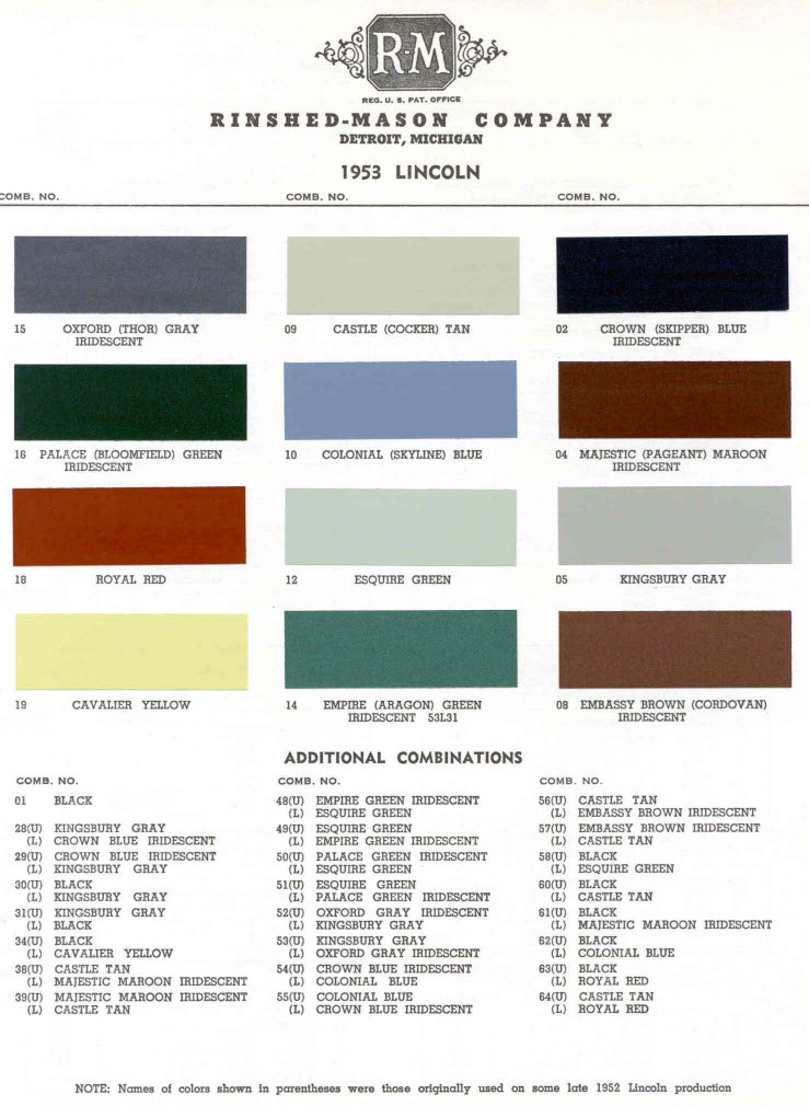 Colors and their codes used on Lincoln Vehicles In 1953