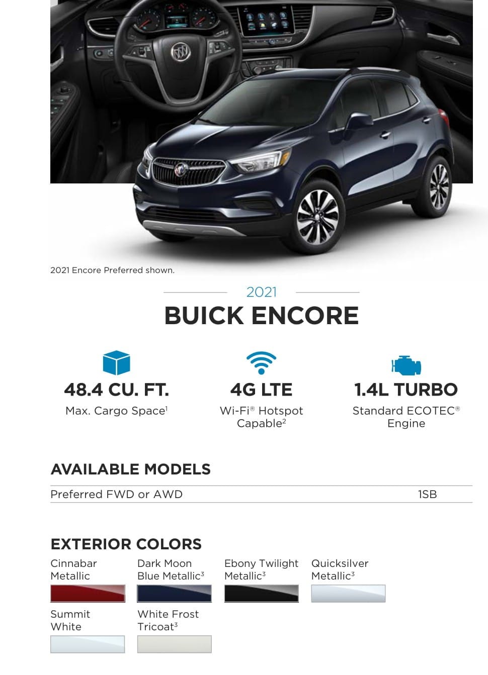 Models and Exterior Colors used The Buick Encore in 2021