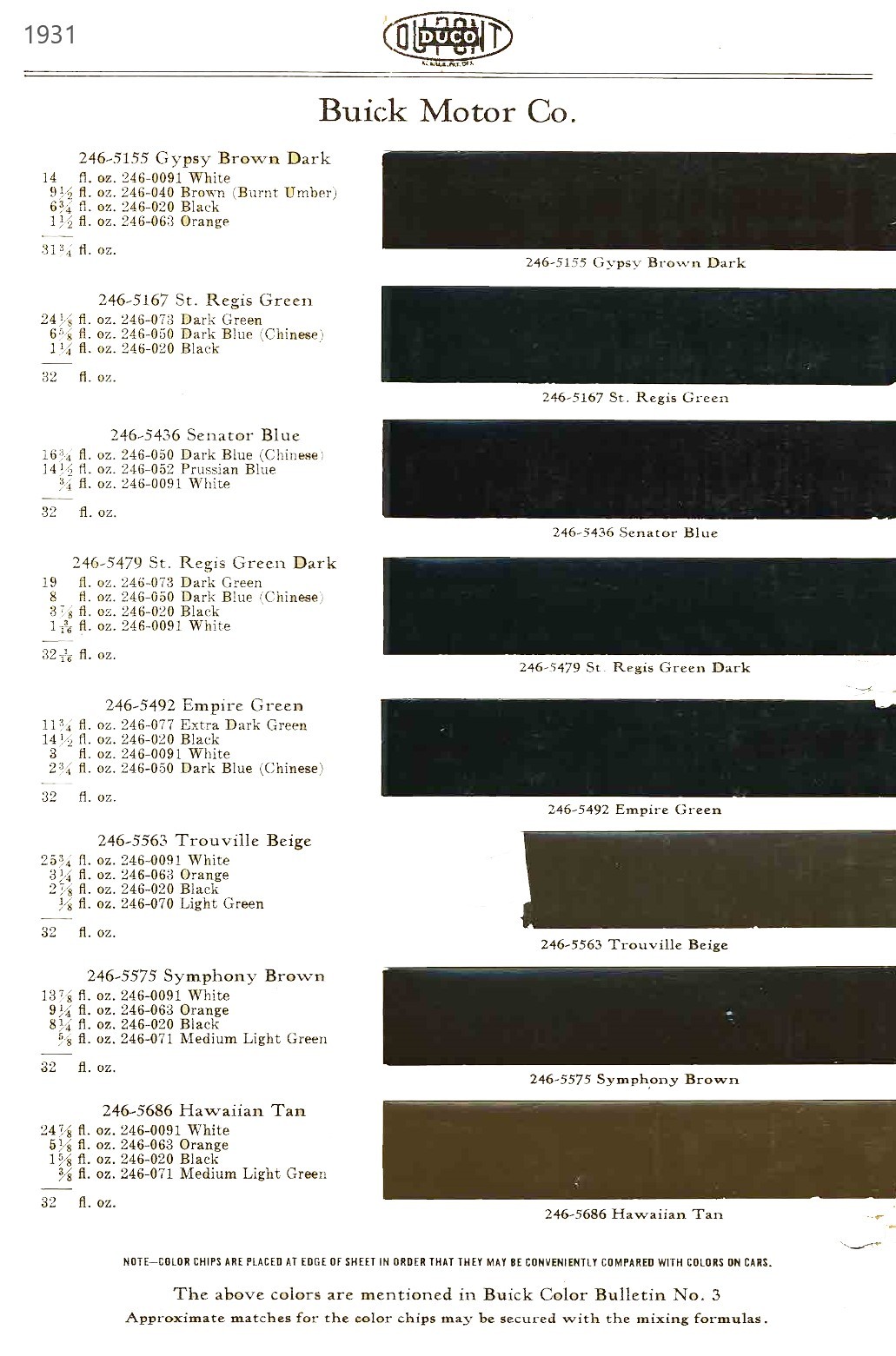 Colors used on Buick Vehicles in 1931