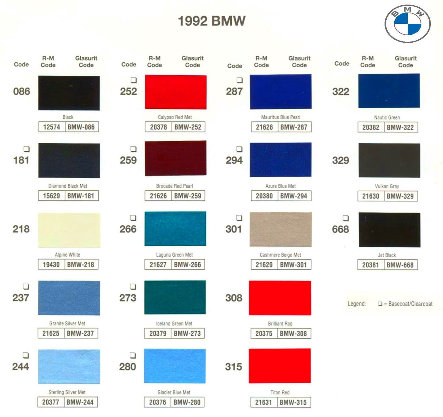 Exterior Colors and the Codes used to get a formula for bmw in 1992