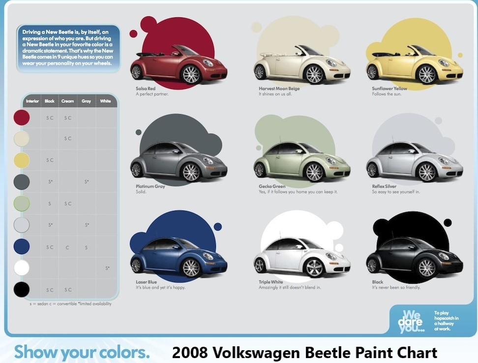 Exterior Paint Colors and Codes for the colors for all the 2008 Volkswagen Beetle vehicles.