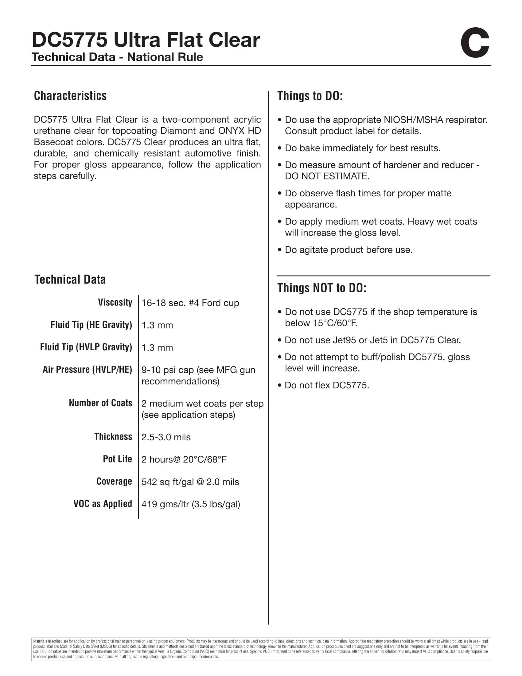 Technical data sheet for flat clear dc5775