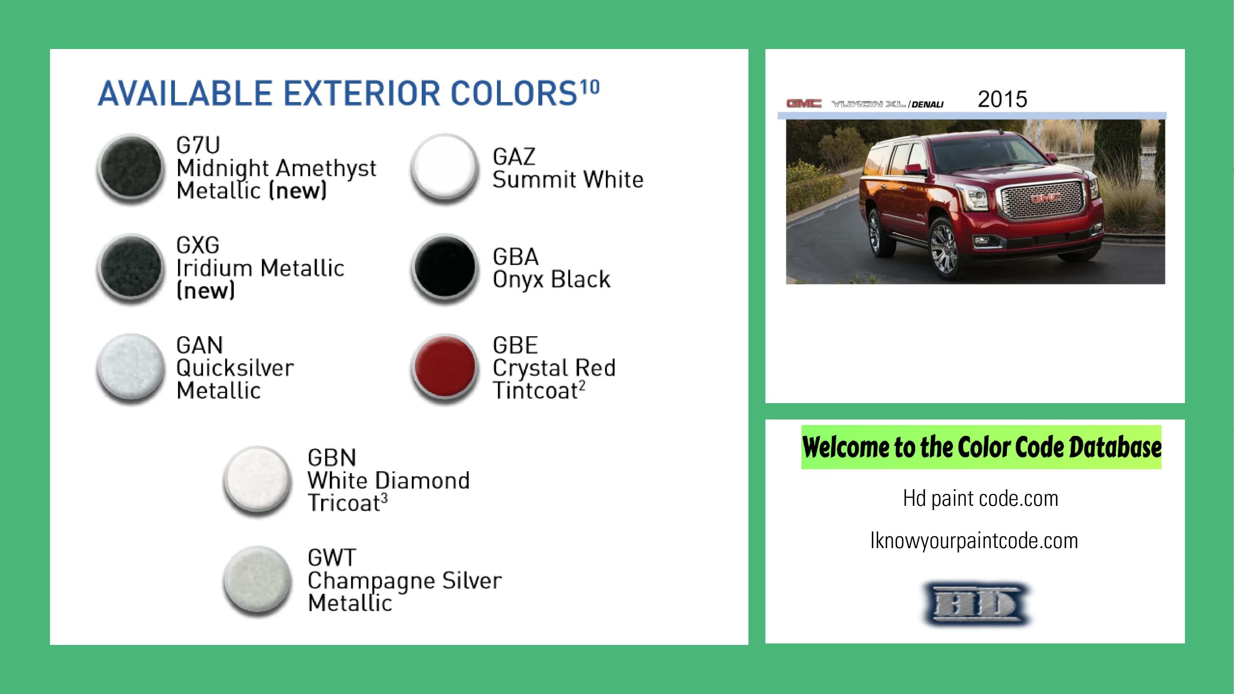 This paint chart shows the exact colors used on this GMC Yukon used for this year.