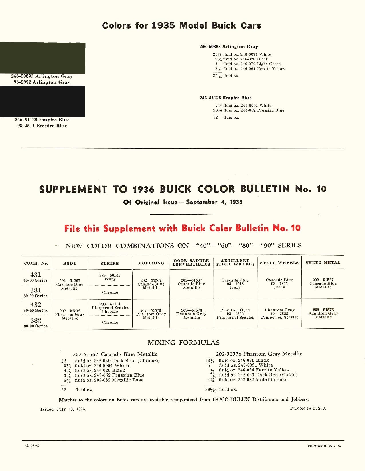 Paint colors and codes used for Buick vehicles in 1935.  Dupont book page 2 of 2.