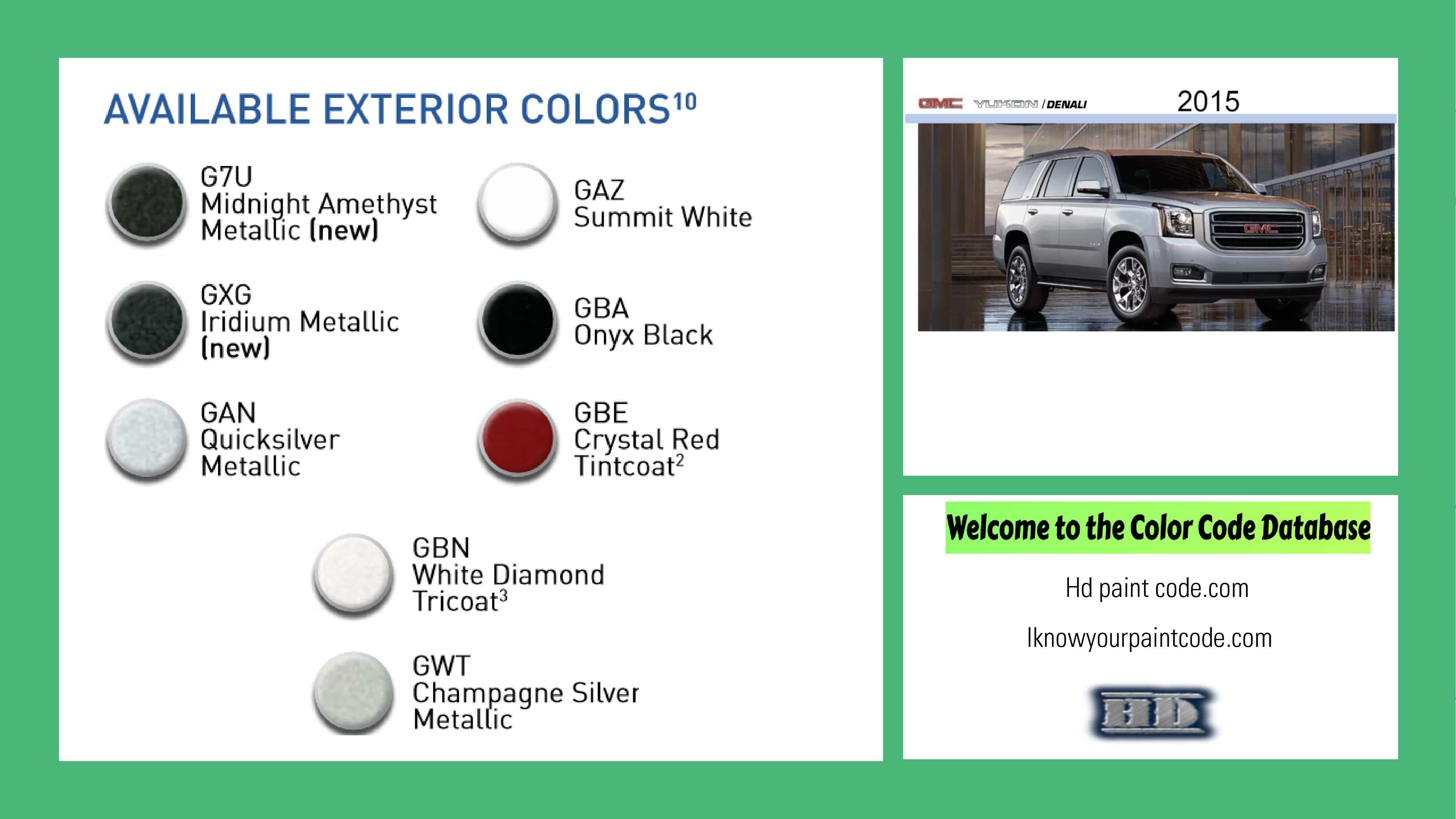 This paint chart shows the exact colors used on this GMC Yukon used for this year.