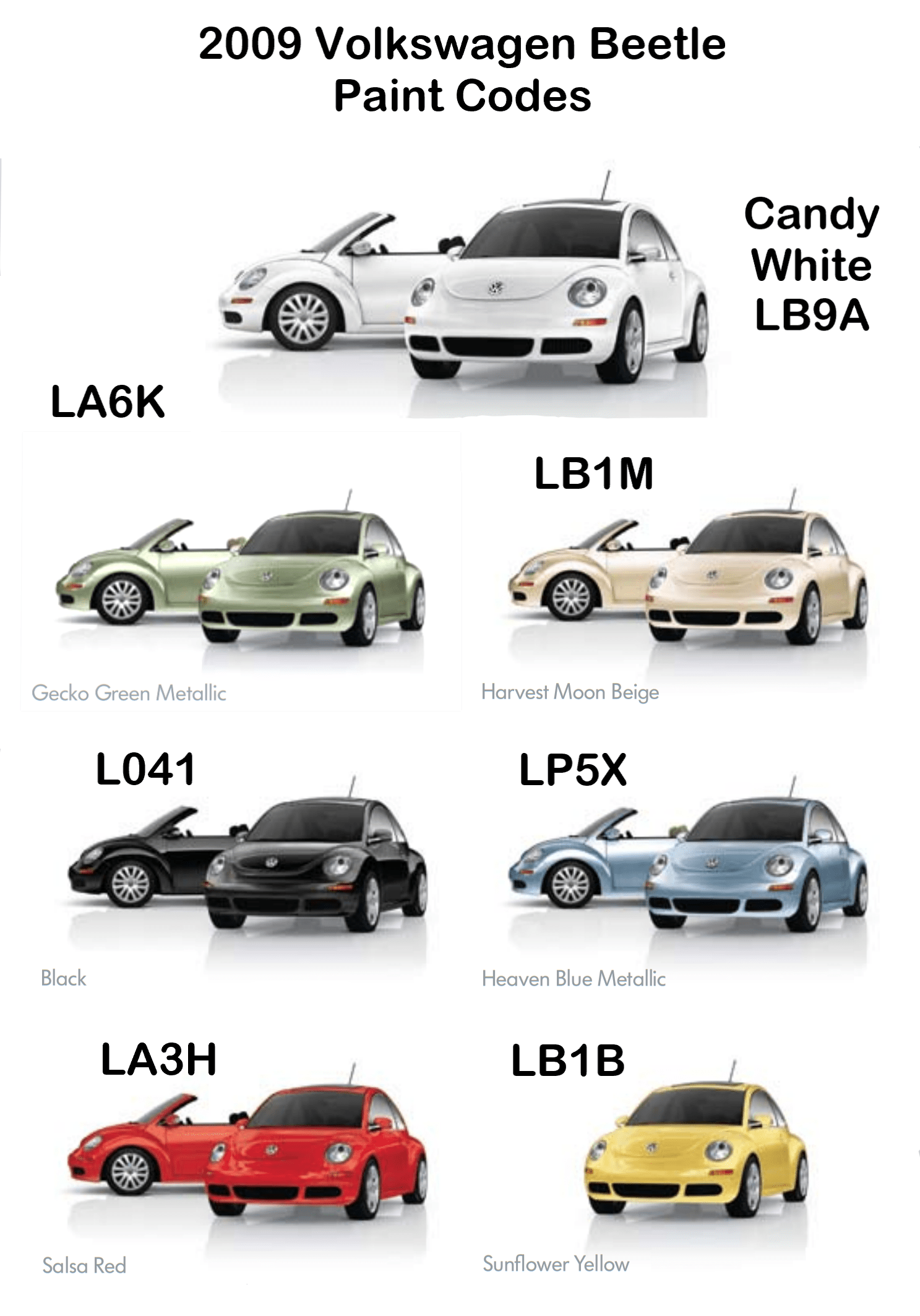 Exterior Paint Colors and Codes for the colors for all the 2009 Volkswagen Beetle vehicles.