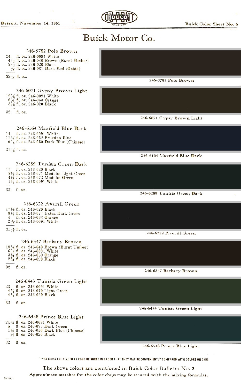 Colors used on Buick Vehicles in 1931