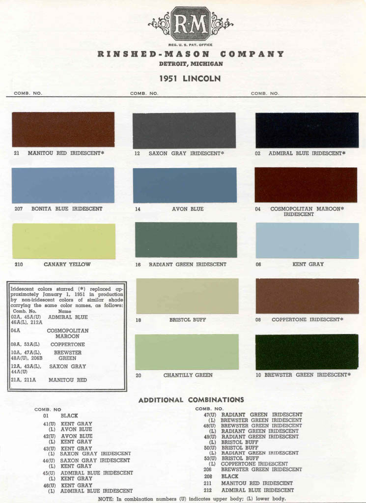 Colors and their codes used on Lincoln in 1951