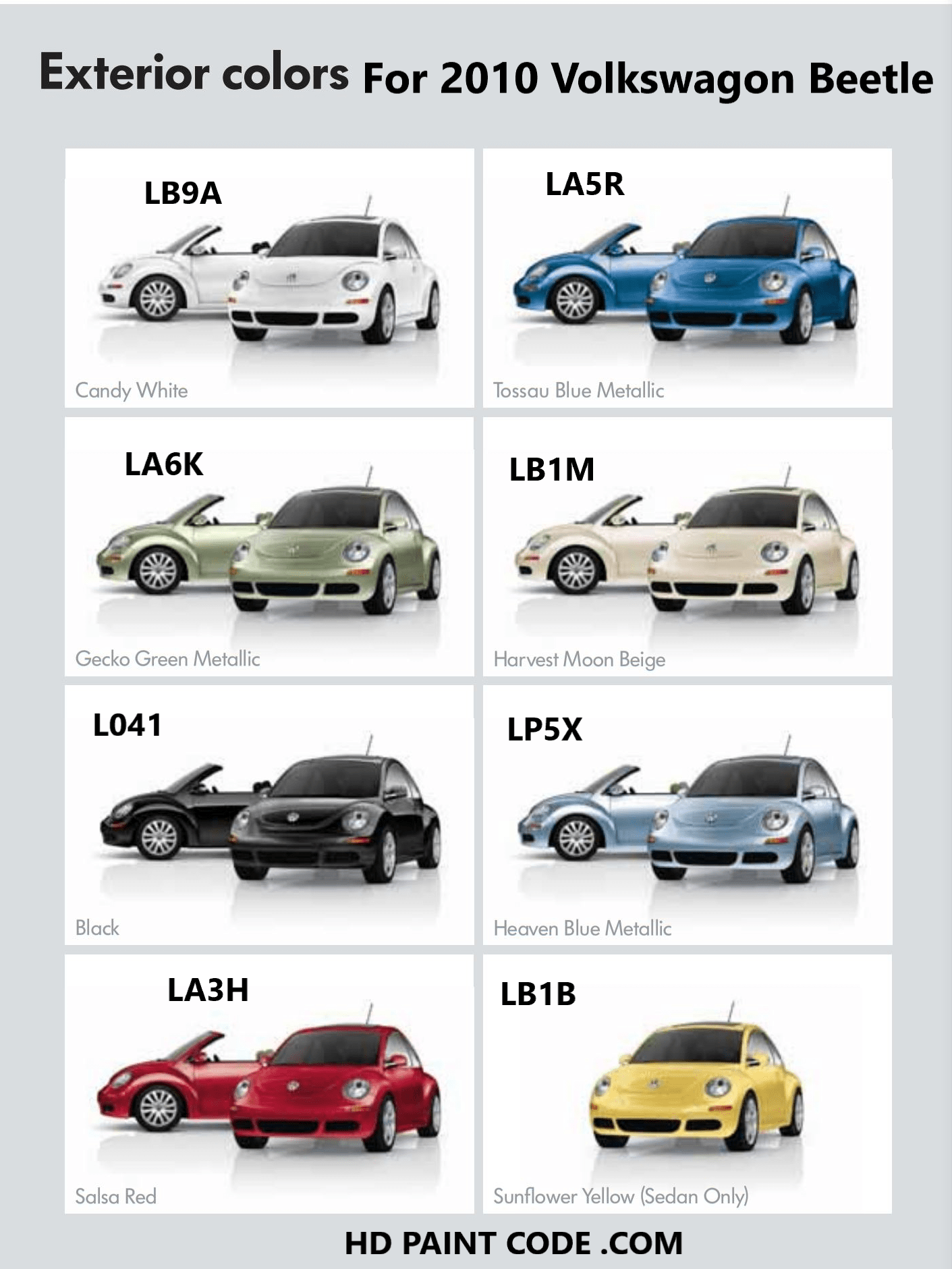 Exterior Paint Colors and Codes for the colors for all the 2010 Volkswagen Beetle vehicles.